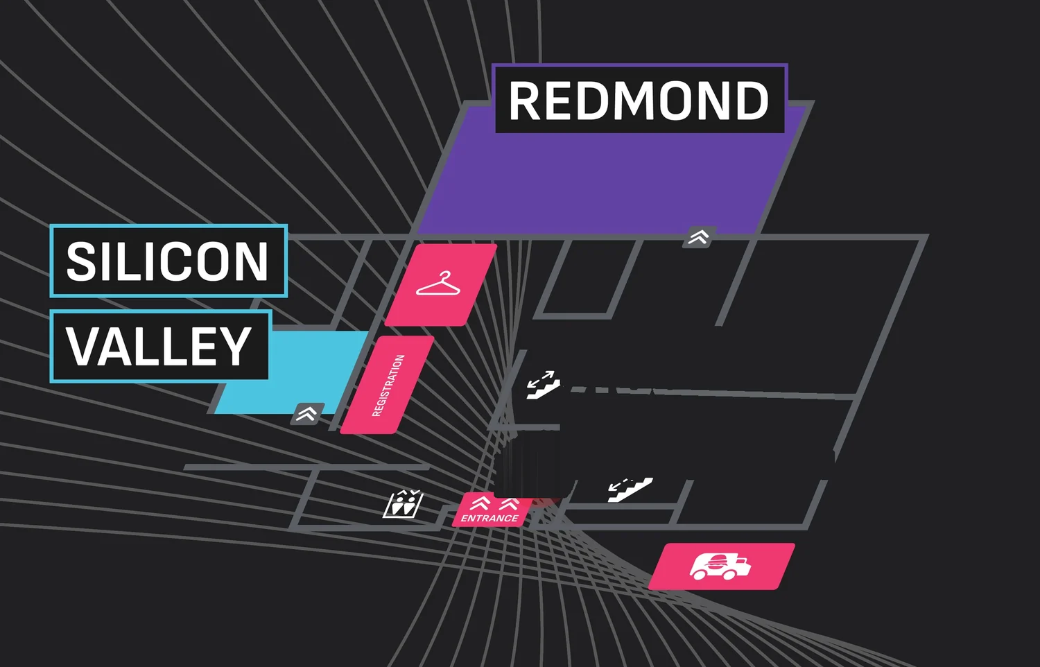 Level 0 plan with the Redmond and Silicon Valley stages, registration and the entrance