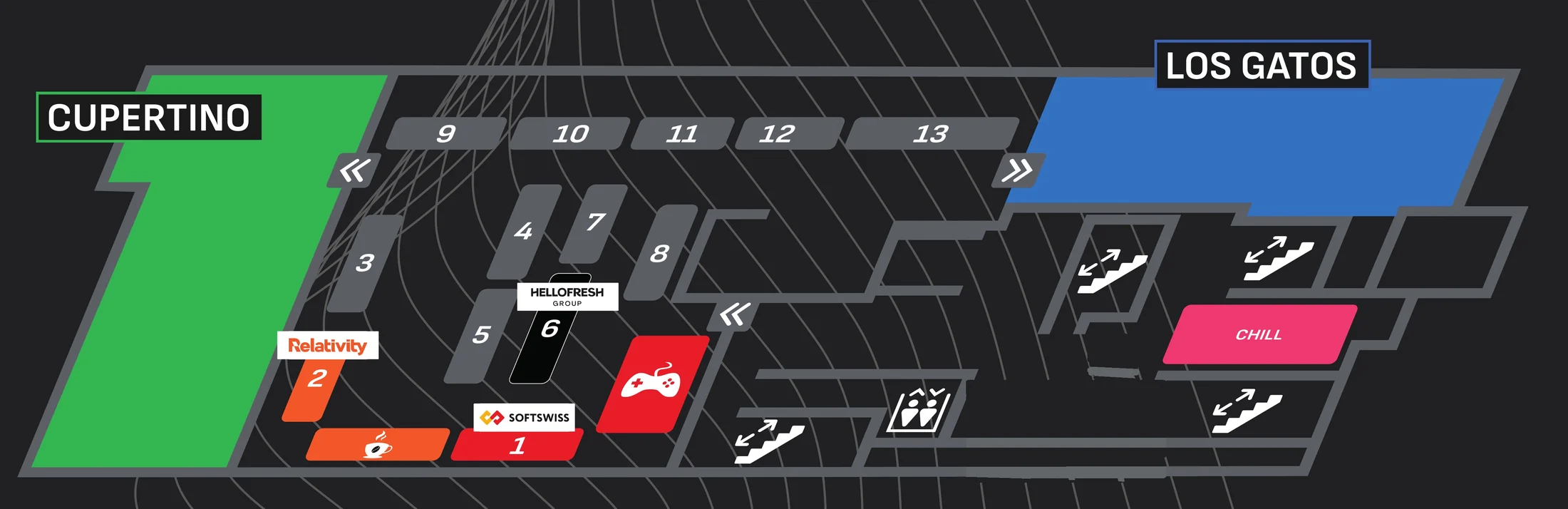 Level 2 plan: Cupertino stage, Los Gatos stage, networking zone stands 1 to 13, Gaming Zone and Chill and Coffee Zone